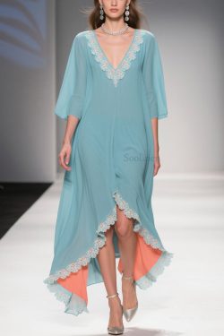 Loose Mint Green Blue Asymmetrical Lace Chiffon Dress Half Sleeve