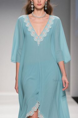 Loose Mint Green Blue Asymmetrical Lace Chiffon Dress Half Sleeve