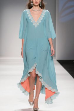 Loose Mint Green Blue Asymmetrical Lace Chiffon Dress Half Sleeve