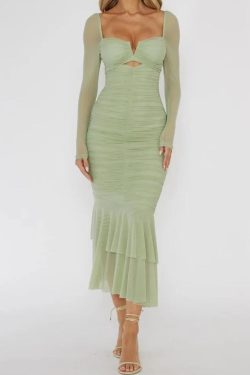 Mesh Ruched Bodycon Midi Dress