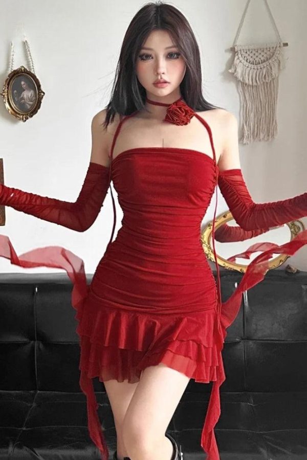 Mesh Ruffled Strapless Mini Dress