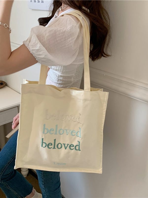 Minimalist Letter Embroidered Canvas Large Capacity Shoulder Bag