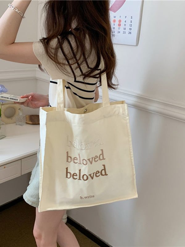 Minimalist Letter Embroidered Canvas Large Capacity Shoulder Bag