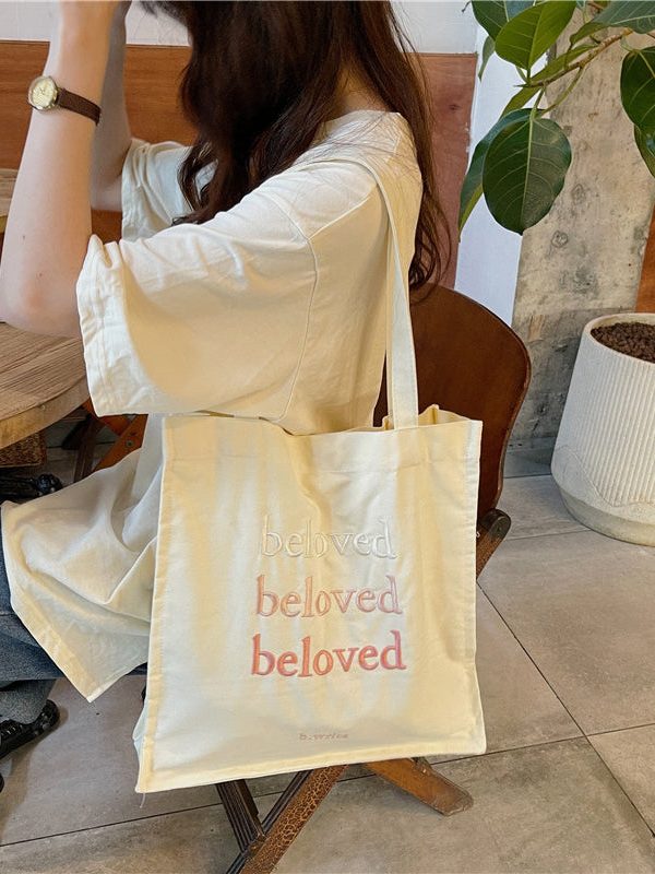 Minimalist Letter Embroidered Canvas Large Capacity Shoulder Bag