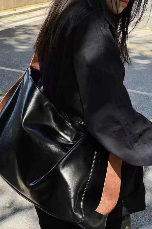 Modern Black Large Capacity Faux Leather Messenger Bag