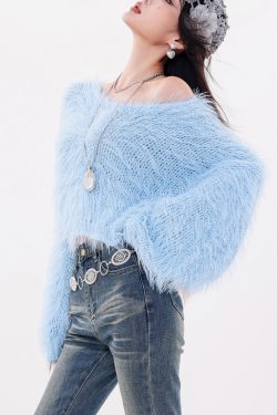 Modern Blue O-Neck Cozy Cotton Knit Sweaters Batwing Sleeve