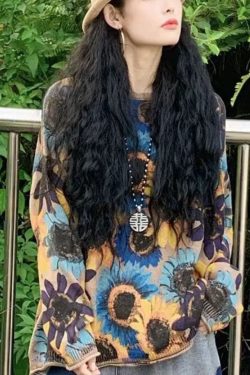 Modern Blue O-Neck Sun Flower Print Knit Loose Sweater Tops Winter