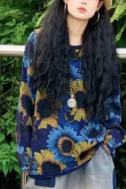 Modern Blue O-Neck Sun Flower Print Knit Loose Sweater Tops Winter