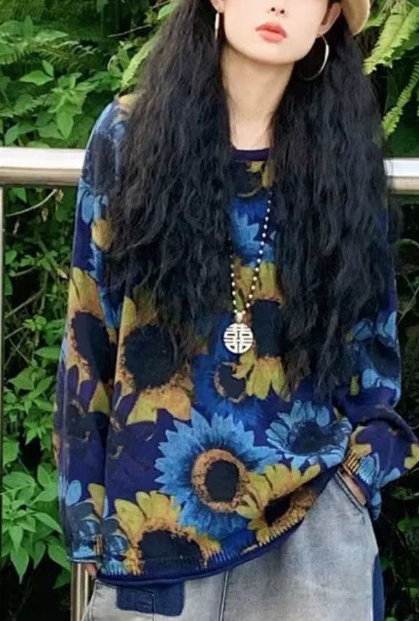 Modern Blue O-Neck Sun Flower Print Knit Loose Sweater Tops Winter