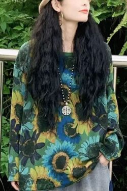 Modern Blue O-Neck Sun Flower Print Knit Loose Sweater Tops Winter