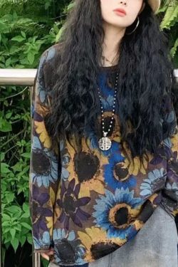 Modern Blue O-Neck Sun Flower Print Knit Loose Sweater Tops Winter