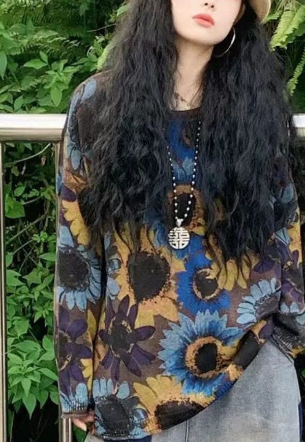 Modern Blue O-Neck Sun Flower Print Knit Loose Sweater Tops Winter