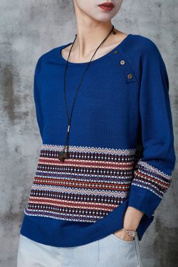 Modern Blue Oversized Striped Knit Sweater Tops Spring
