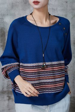 Modern Blue Oversized Striped Knit Sweater Tops Spring