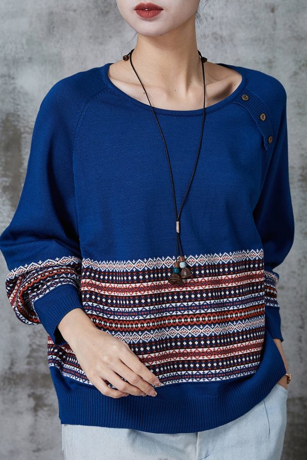 Modern Blue Oversized Striped Knit Sweater Tops Spring