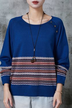 Modern Blue Oversized Striped Knit Sweater Tops Spring