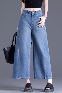 Modern Blue Pockets High Waist Denim Crop Pants Spring