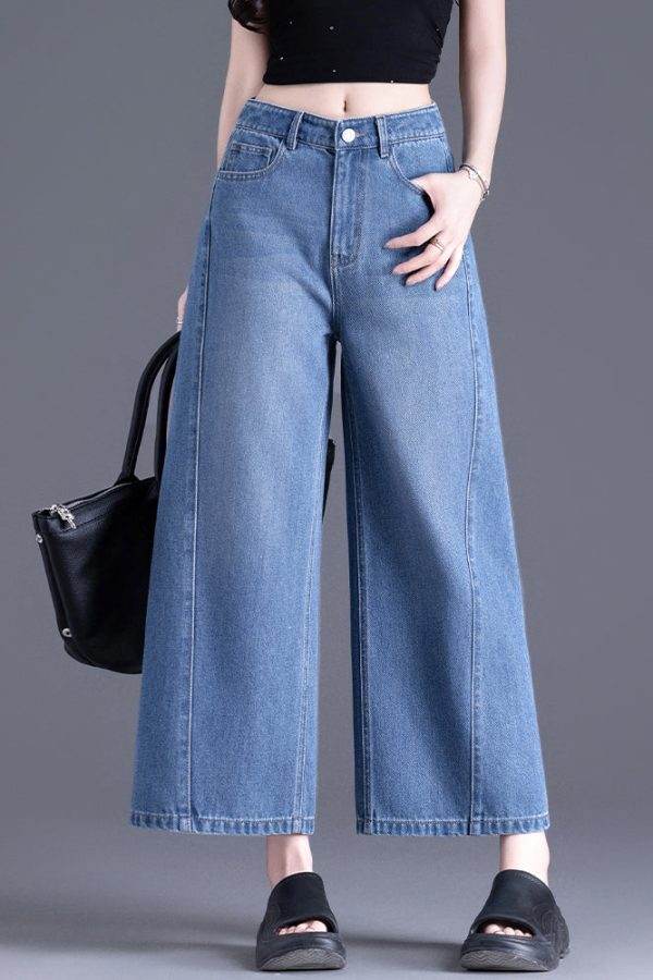 Modern Blue Pockets High Waist Denim Crop Pants Spring