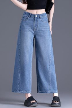 Modern Blue Pockets High Waist Denim Crop Pants Spring