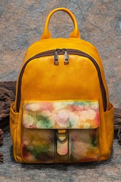 Modern Blue Print Paitings Calf Leather Backpack Bag