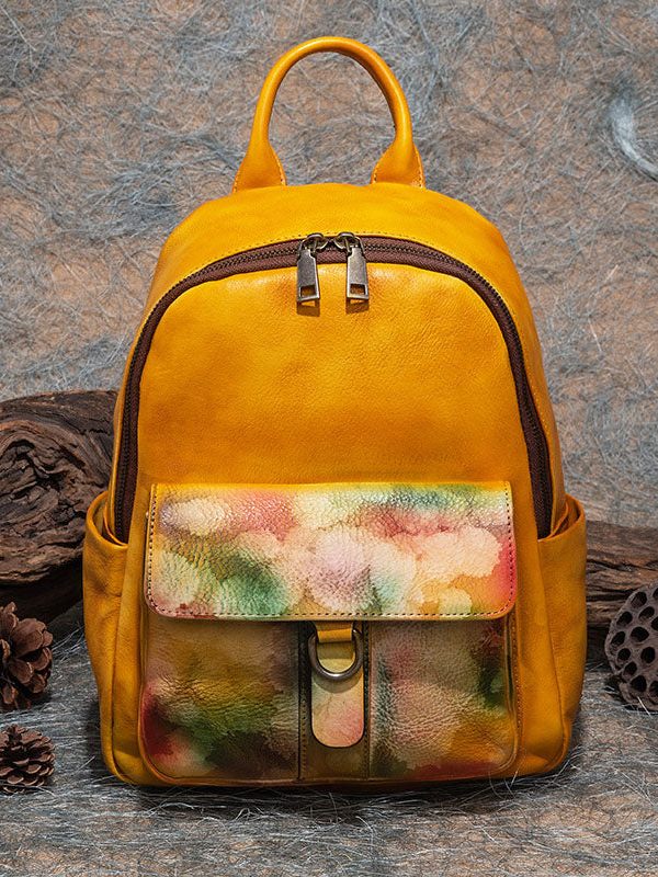 Modern Blue Print Paitings Calf Leather Backpack Bag