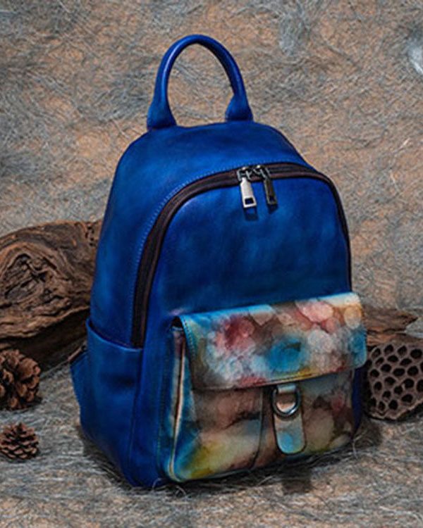 Modern Blue Print Paitings Calf Leather Backpack Bag