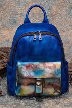 Modern Blue Print Paitings Calf Leather Backpack Bag
