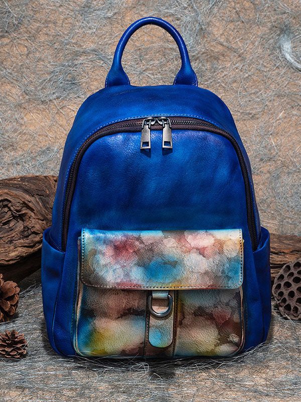 Modern Blue Print Paitings Calf Leather Backpack Bag