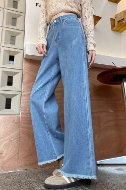 Modern Blue Raw Edge High Waist Denim Pants Spring