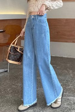 Modern Blue Raw Edge High Waist Denim Pants Spring