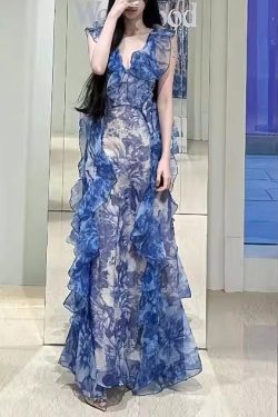 Modern Blue Ruffled Print Chiffon Long Dresses Summer