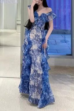 Modern Blue Ruffled Print Chiffon Long Dresses Summer