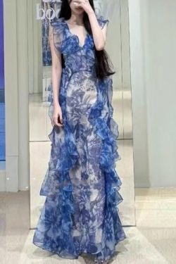 Modern Blue Ruffled Print Chiffon Long Dresses Summer