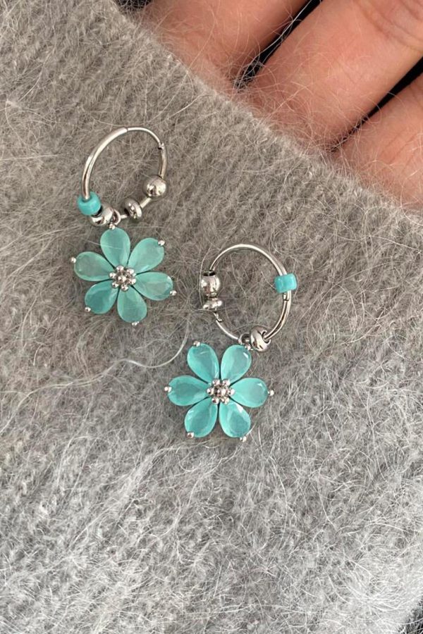 Modern Blue Stainless Steel Floral Hoop Earrings