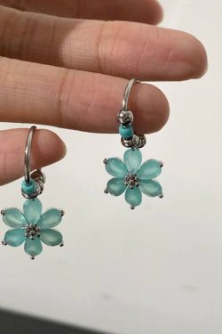 Modern Blue Stainless Steel Floral Hoop Earrings