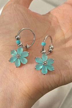 Modern Blue Stainless Steel Floral Hoop Earrings