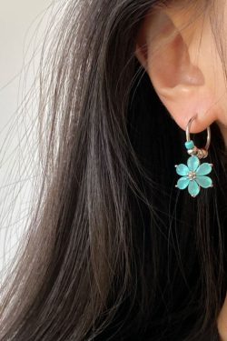 Modern Blue Stainless Steel Floral Hoop Earrings