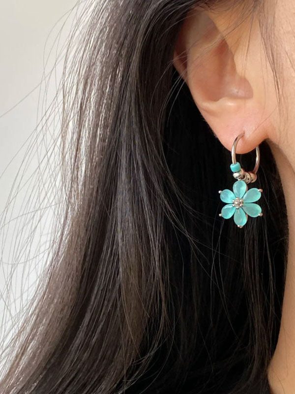 Modern Blue Stainless Steel Floral Hoop Earrings