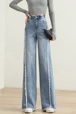 Modern Blue Tasseled Pockets Patchwork Denim Pants Spring