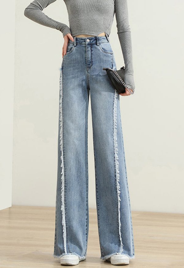 Modern Blue Tasseled Pockets Patchwork Denim Pants Spring