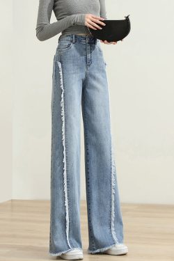 Modern Blue Tasseled Pockets Patchwork Denim Pants Spring