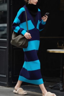Modern Blue V Neck Striped Cozy Patchwork Knit Sweater Dress Spring