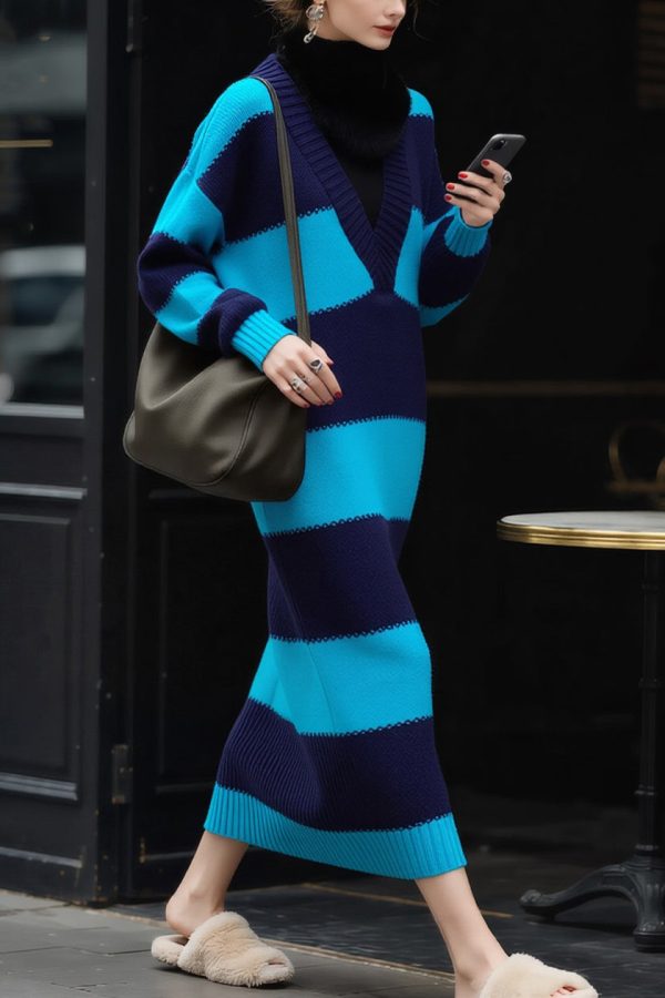 Modern Blue V Neck Striped Cozy Patchwork Knit Sweater Dress Spring