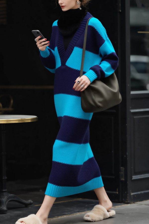 Modern Blue V Neck Striped Cozy Patchwork Knit Sweater Dress Spring