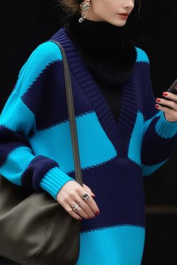 Modern Blue V Neck Striped Cozy Patchwork Knit Sweater Dress Spring