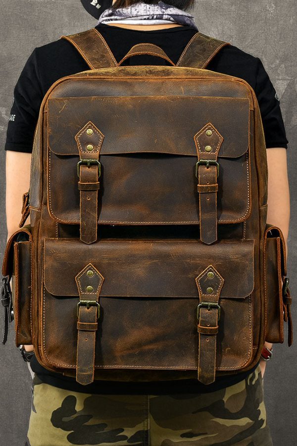 Modern Brown Calf Leather Pockets Solid Color Backpack Bag