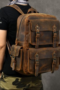 Modern Brown Calf Leather Pockets Solid Color Backpack Bag