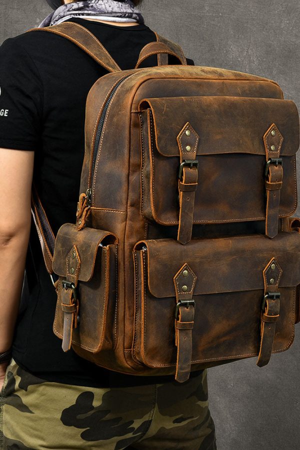 Modern Brown Calf Leather Pockets Solid Color Backpack Bag