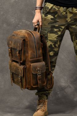 Modern Brown Calf Leather Pockets Solid Color Backpack Bag