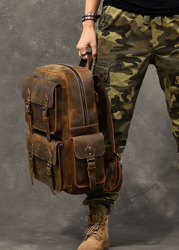 Modern Brown Calf Leather Pockets Solid Color Backpack Bag